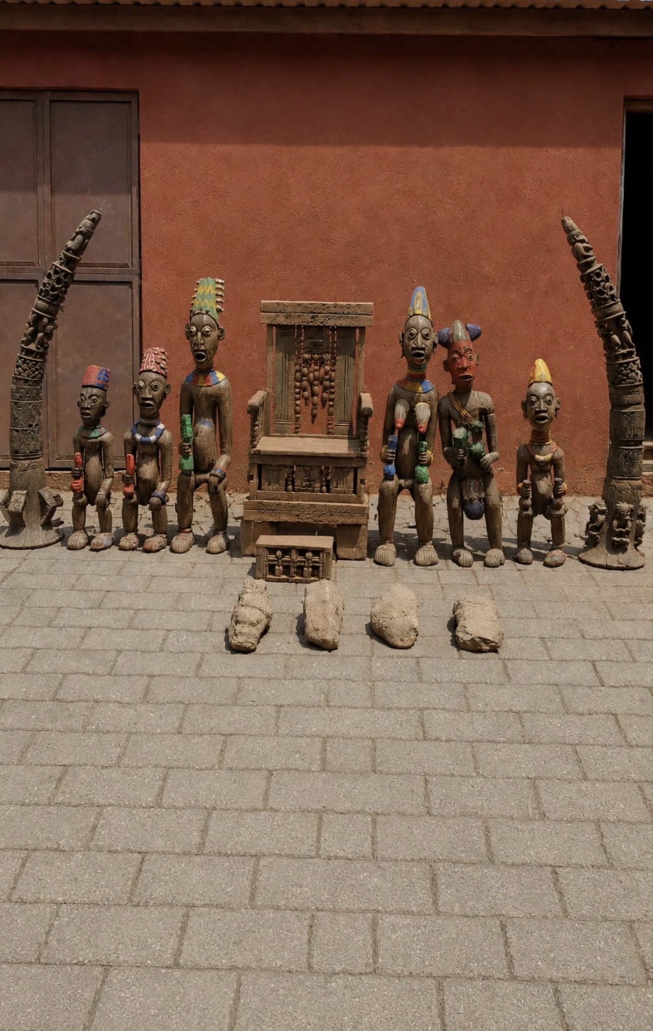 Trône en bois entouré de figures sculptées
