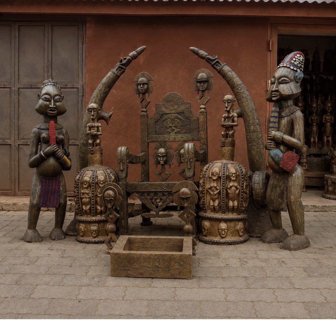 Trône royal bamoun entouré de figures sculptées